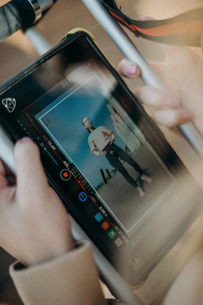 Woman reviewing footage on a digital monitor during a video shoot.
