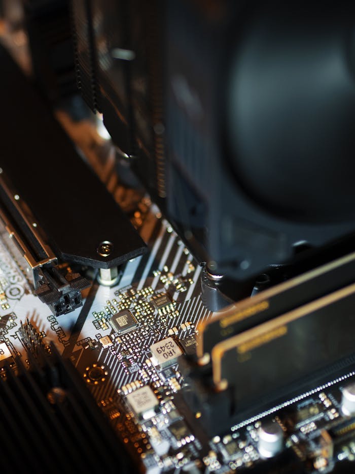 Detailed view of electronic components on a motherboard highlighting CPU and RAM areas.